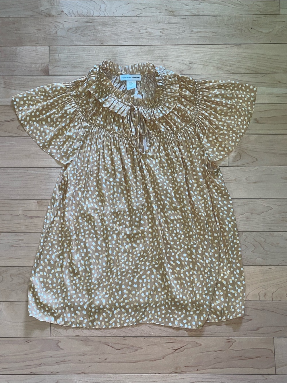 Cupcakes & Cashmere Smocked Neck Polka Dot Tunic Blouse in Mustard Tan medium